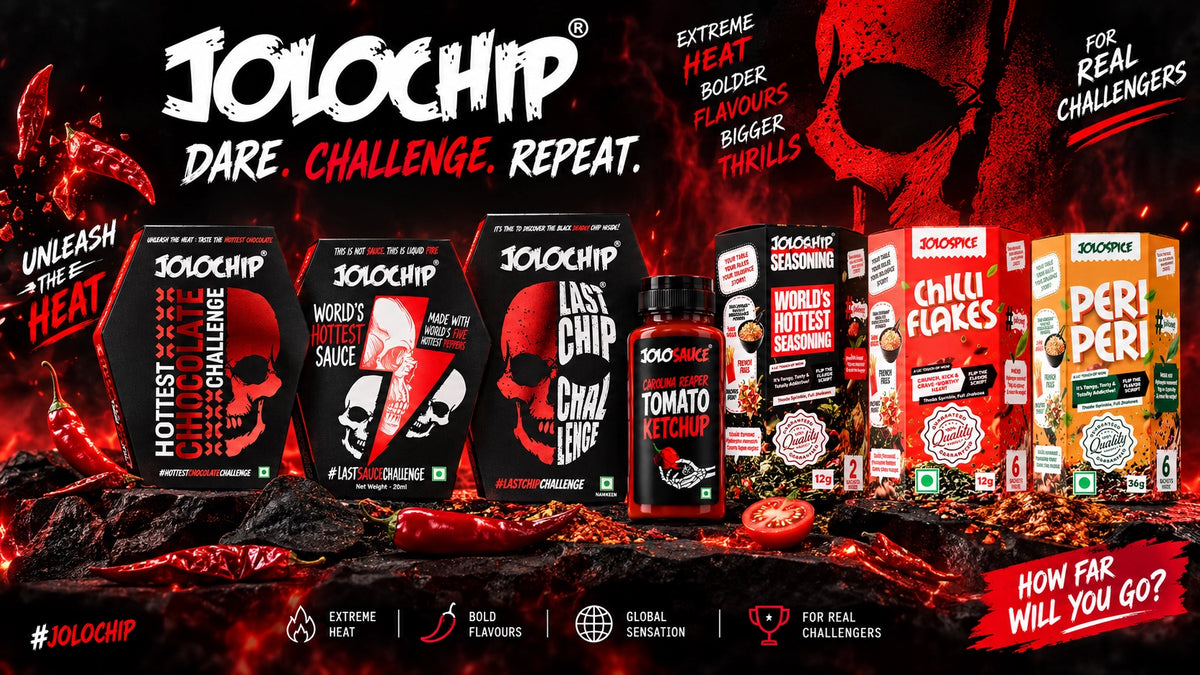 Jolochip spicy chip challenge, sauces and seasonings on a red and black promotional display
