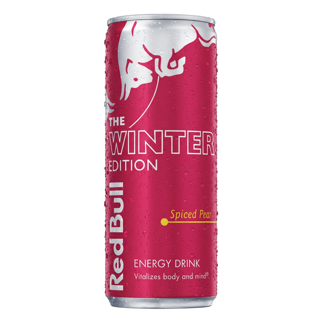 A close-up of a Red Bull Energy Drink can in the Winter Edition flavor, featuring a bright pink and white design with condensation droplets on the can.